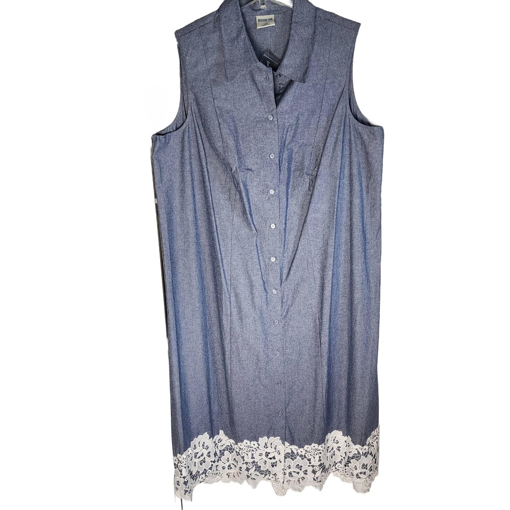 Denim shirt dress with thick lace hem border sleeveless summer dress midi